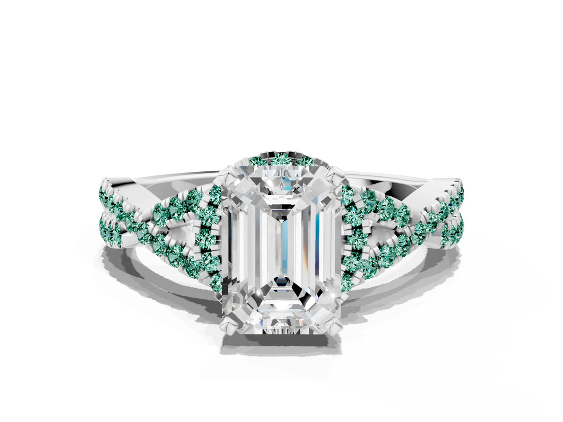 White gold Emerald Cut Diamond with Green Sapphire side stone Halo Twist Band Solitaire Prong Setting Ring_24