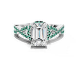 White gold Emerald Cut Diamond with Green Sapphire side stone Halo Twist Band Solitaire Prong Setting Ring_24