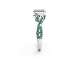 White gold Emerald Cut Diamond with Green Sapphire side stone Halo Twist Band Solitaire Prong Setting Ring_26
