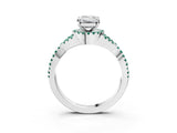 White gold Emerald Cut Diamond with Green Sapphire side stone Halo Twist Band Solitaire Prong Setting Ring_27