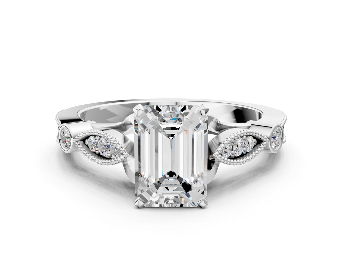 White gold Emerald Cut Diamond with Milgrain Marquise and Bezel Accents on a Solitaire Band with Prong Setting_205