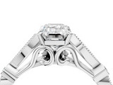 White gold Emerald Cut Diamond with Milgrain Marquise and Bezel Accents on a Solitaire Band with Prong Setting_209