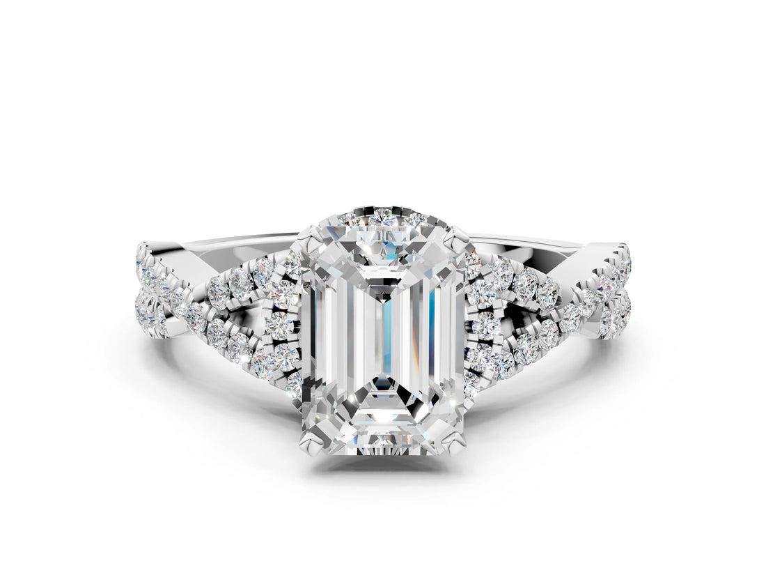 White gold Emerald Cut Diamond with Moissanite side stone Halo Twist Band Solitaire Prong Setting Ring_12