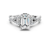 White gold Emerald Cut Diamond with Moissanite side stone Halo Twist Band Solitaire Prong Setting Ring_12