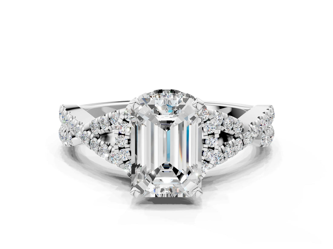 White gold Emerald Cut Diamond with Moissanite side stone Halo Twist Band Solitaire Prong Setting Ring_24