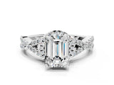 White gold Emerald Cut Diamond with Moissanite side stone Halo Twist Band Solitaire Prong Setting Ring_24