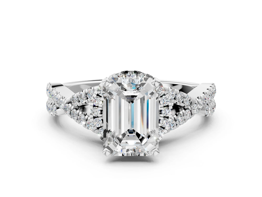 White gold Emerald Cut Diamond with Moissanite side stone Halo Twist Band Solitaire Prong Setting Ring_36