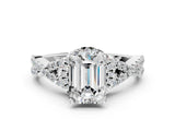 White gold Emerald Cut Diamond with Moissanite side stone Halo Twist Band Solitaire Prong Setting Ring_36