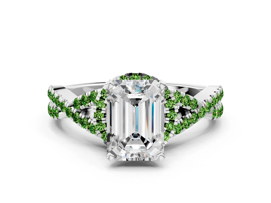 White gold Emerald Cut Diamond with Peridot side stone Halo Twist Band Solitaire Prong Setting Ring_12