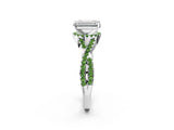 White gold Emerald Cut Diamond with Peridot side stone Halo Twist Band Solitaire Prong Setting Ring_14
