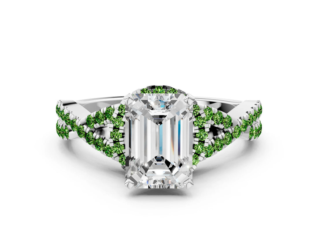 White gold Emerald Cut Diamond with Peridot side stone Halo Twist Band Solitaire Prong Setting Ring_24