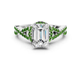 White gold Emerald Cut Diamond with Peridot side stone Halo Twist Band Solitaire Prong Setting Ring_24