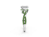 White gold Emerald Cut Diamond with Peridot side stone Halo Twist Band Solitaire Prong Setting Ring_26