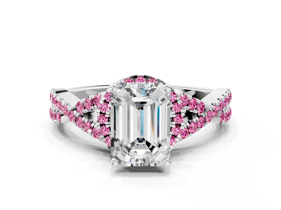 White gold Emerald Cut Diamond with Pink Sapphire side stone Halo Twist Band Solitaire Prong Setting Ring_12