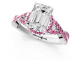 White gold Emerald Cut Diamond with Pink Sapphire side stone Halo Twist Band Solitaire Prong Setting Ring_13