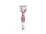 White gold Emerald Cut Diamond with Pink Sapphire side stone Halo Twist Band Solitaire Prong Setting Ring_14
