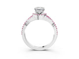 White gold Emerald Cut Diamond with Pink Sapphire side stone Halo Twist Band Solitaire Prong Setting Ring_15