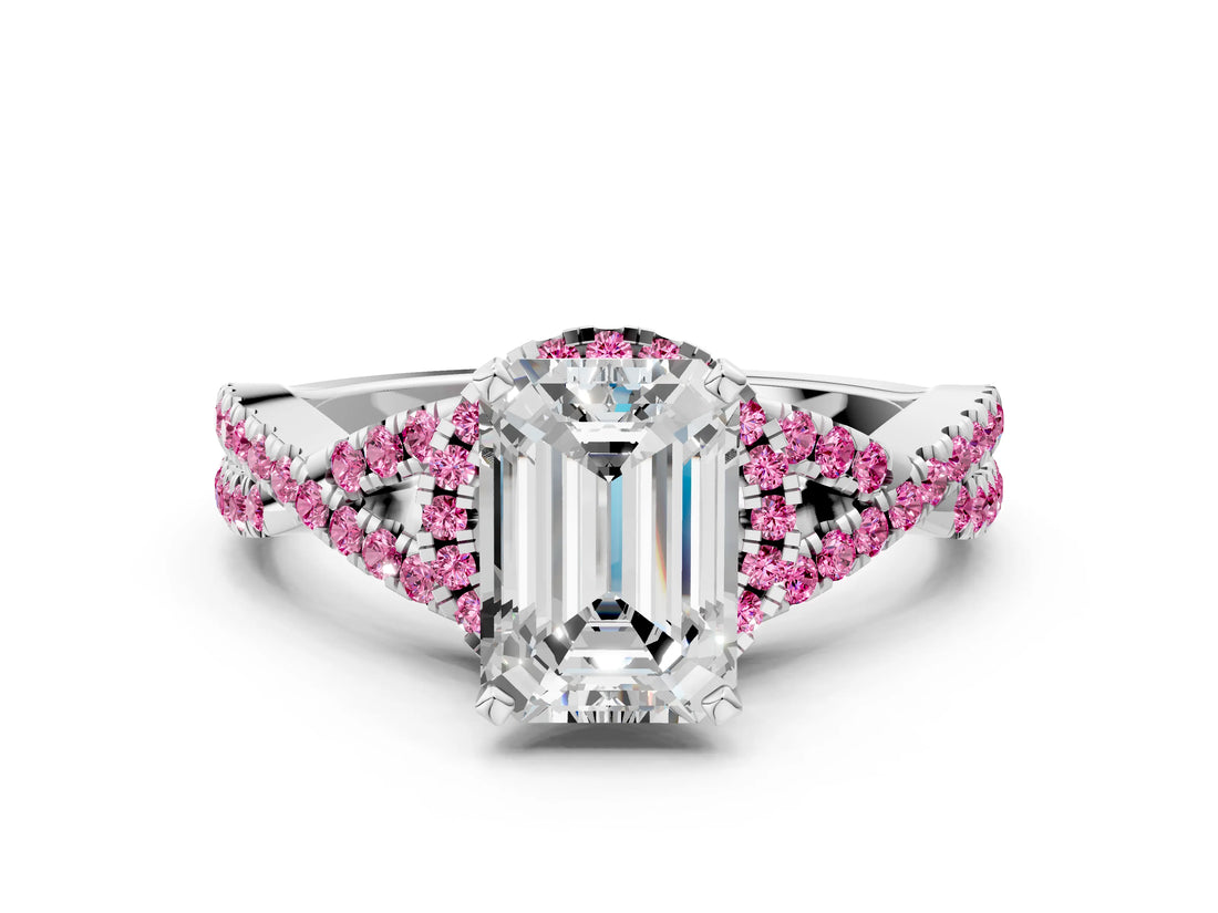 White gold Emerald Cut Diamond with Pink Sapphire side stone Halo Twist Band Solitaire Prong Setting Ring_24