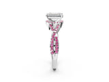 White gold Emerald Cut Diamond with Pink Sapphire side stone Halo Twist Band Solitaire Prong Setting Ring_26