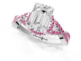 White gold Emerald Cut Diamond with Pink Sapphire side stone Halo Twist Band Solitaire Prong Setting Ring_37