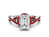 White gold Emerald Cut Diamond with Ruby side stone Halo Twist Band Solitaire Prong Setting Ring_12