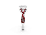 White gold Emerald Cut Diamond with Ruby side stone Halo Twist Band Solitaire Prong Setting Ring_14