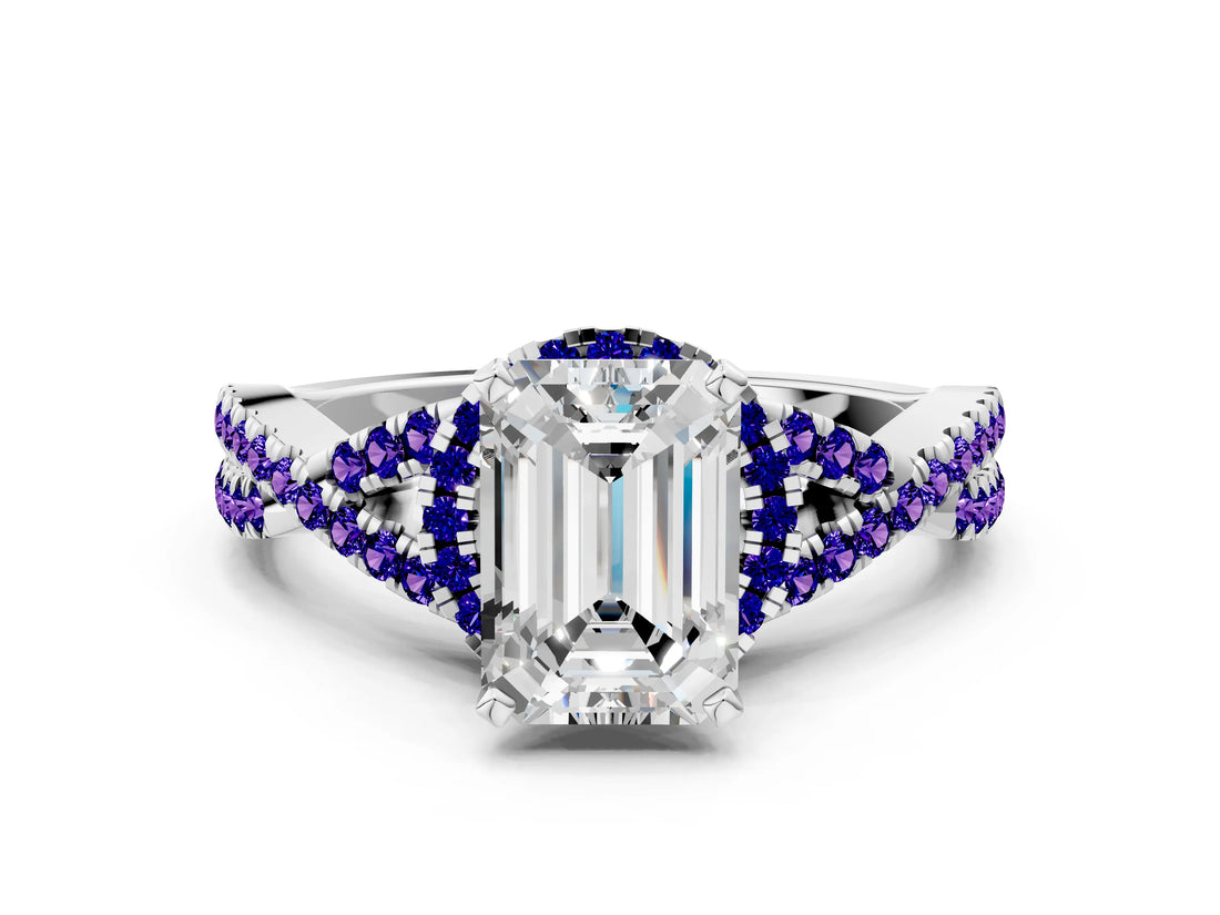 White gold Emerald Cut Diamond with Tanzanite side stone Halo Twist Band Solitaire Prong Setting Ring_12