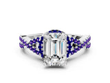White gold Emerald Cut Diamond with Tanzanite side stone Halo Twist Band Solitaire Prong Setting Ring_12