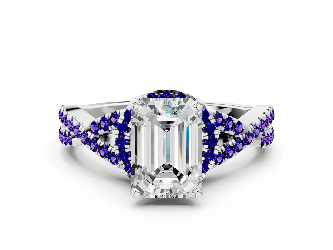 White gold Emerald Cut Diamond with Tanzanite side stone Halo Twist Band Solitaire Prong Setting Ring_24