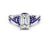 White gold Emerald Cut Diamond with Tanzanite side stone Halo Twist Band Solitaire Prong Setting Ring_24