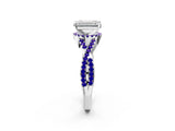 White gold Emerald Cut Diamond with Tanzanite side stone Halo Twist Band Solitaire Prong Setting Ring_26