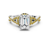 White gold Emerald Cut Diamond with Yellow Sapphire side stone Halo Twist Band Solitaire Prong Setting Ring_12
