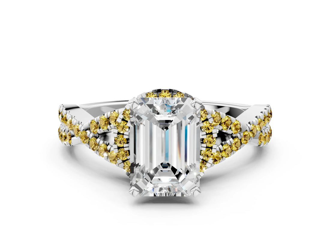 White gold Emerald Cut Diamond with Yellow Sapphire side stone Halo Twist Band Solitaire Prong Setting Ring_24