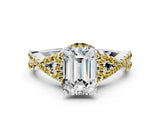 White gold Emerald Cut Diamond with Yellow Sapphire side stone Halo Twist Band Solitaire Prong Setting Ring_24