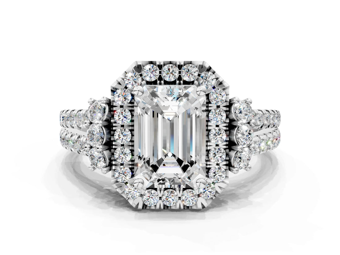 White gold Emerald Cut Double Halo Diamond Engagement Ring with Pave Band and Four-Prong Setting_43