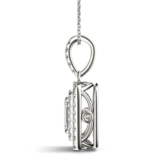 Silver Emerald Cut Double Halo Diamond Pendant with Prong Setting