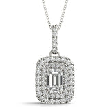 White gold Emerald Cut Double Halo Diamond Pendant with Prong Setting