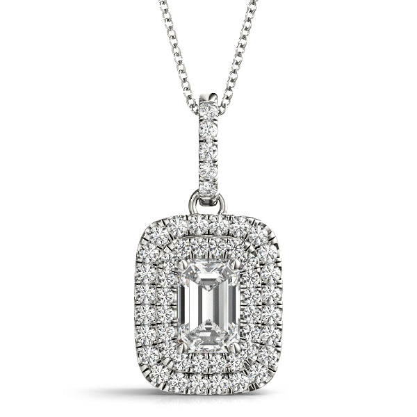 Silver Emerald Cut Double Halo Diamond Pendant with Prong Setting