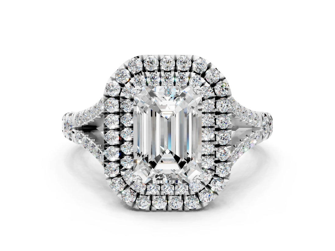 White gold Emerald Cut Double Halo Split Shank Diamond Ring with Prong Setting_67