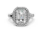 White gold Emerald Cut Double Halo Split Shank Diamond Ring with Prong Setting_67