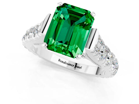 White gold Emerald Cut Emerald Classic Solitaire Ring with Pavé Band and Four-Prong Setting_1