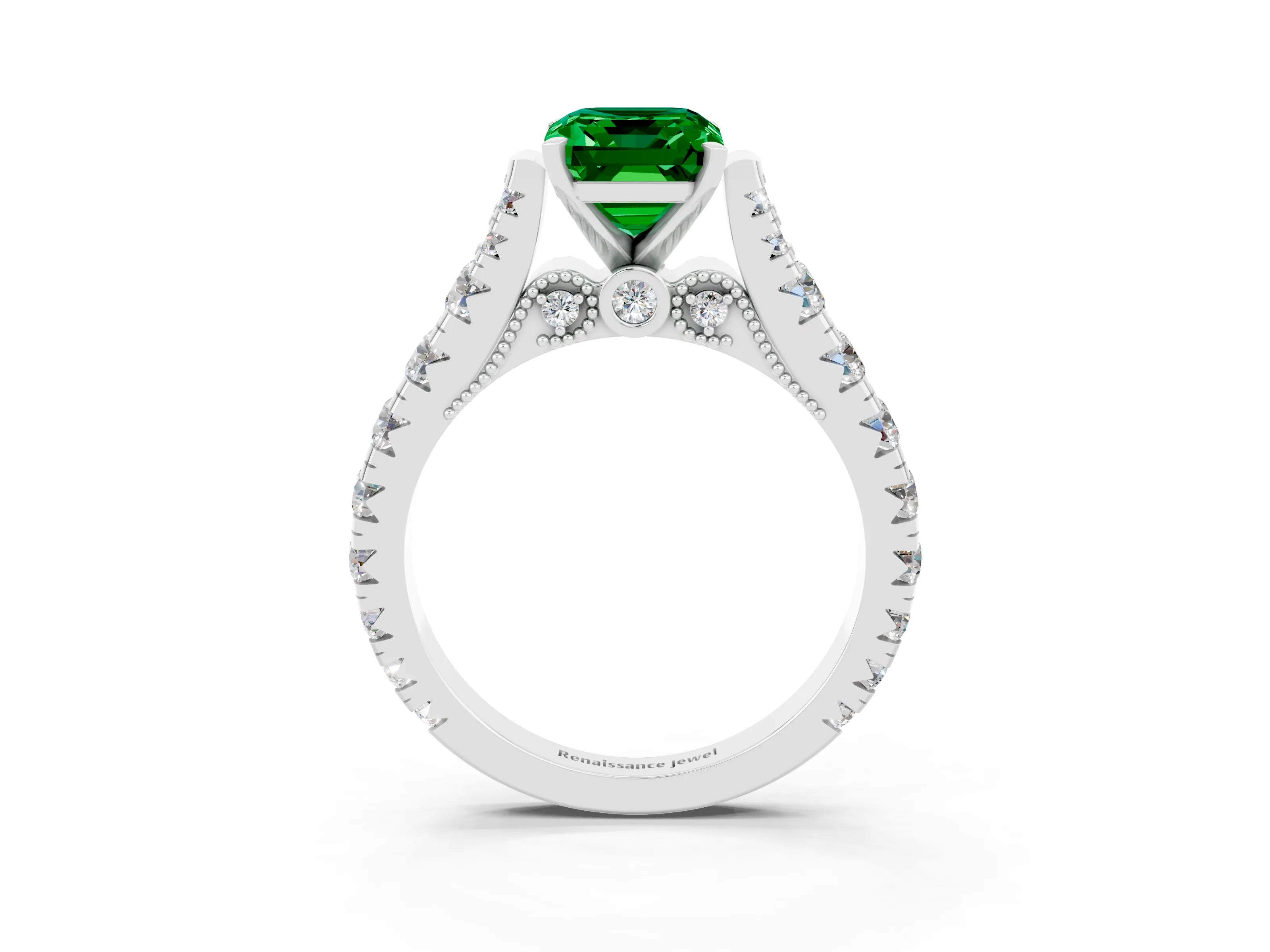 White gold Emerald Cut Emerald Classic Solitaire Ring with Pavé Band and Four-Prong Setting_3