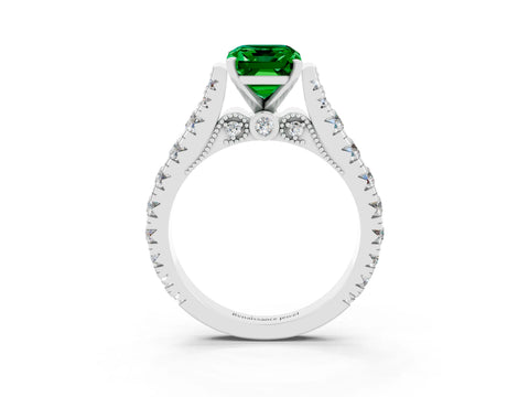 White gold Emerald Cut Emerald Classic Solitaire Ring with Pavé Band and Four-Prong Setting_3
