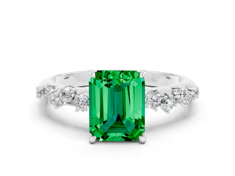 White gold Emerald Cut Emerald Cluster Side Stone Solitaire Ring with Prong Setting_24