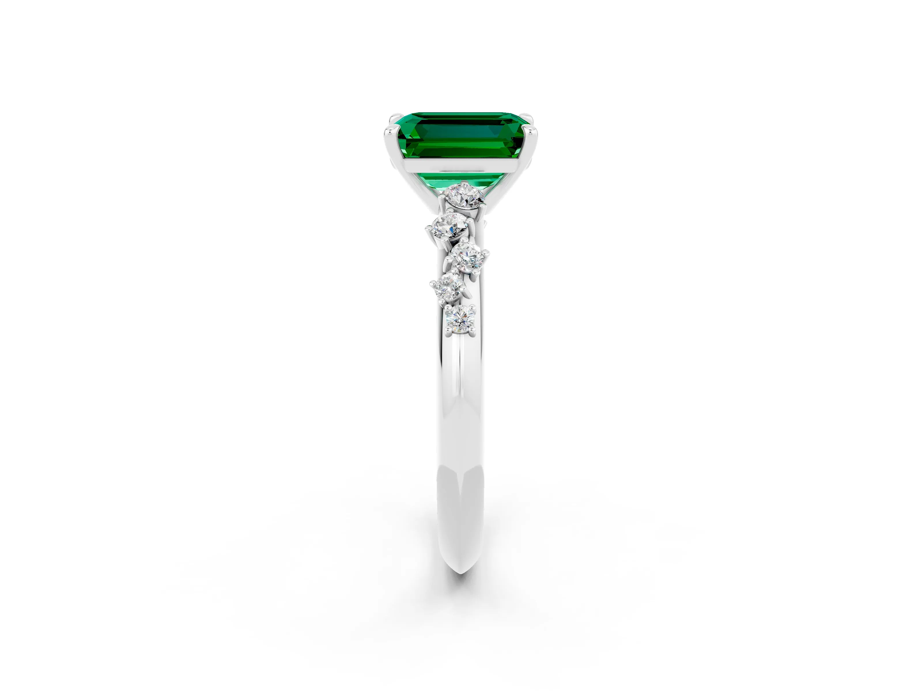 White gold Emerald Cut Emerald Cluster Side Stone Solitaire Ring with Prong Setting_26