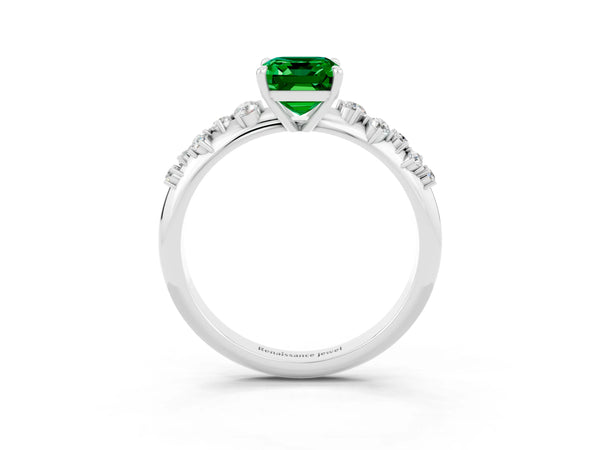 Silver Emerald Cut Emerald Cluster Side Stone Solitaire Ring with Prong Setting