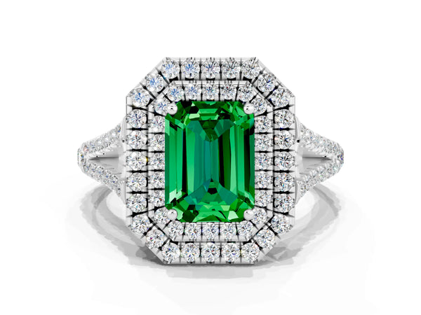 Silver Emerald Cut Emerald Double Halo Ring with Pavé Band and Prong Setting