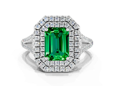 White gold Emerald Cut Emerald Double Halo Ring with Pavé Band and Prong Setting_12