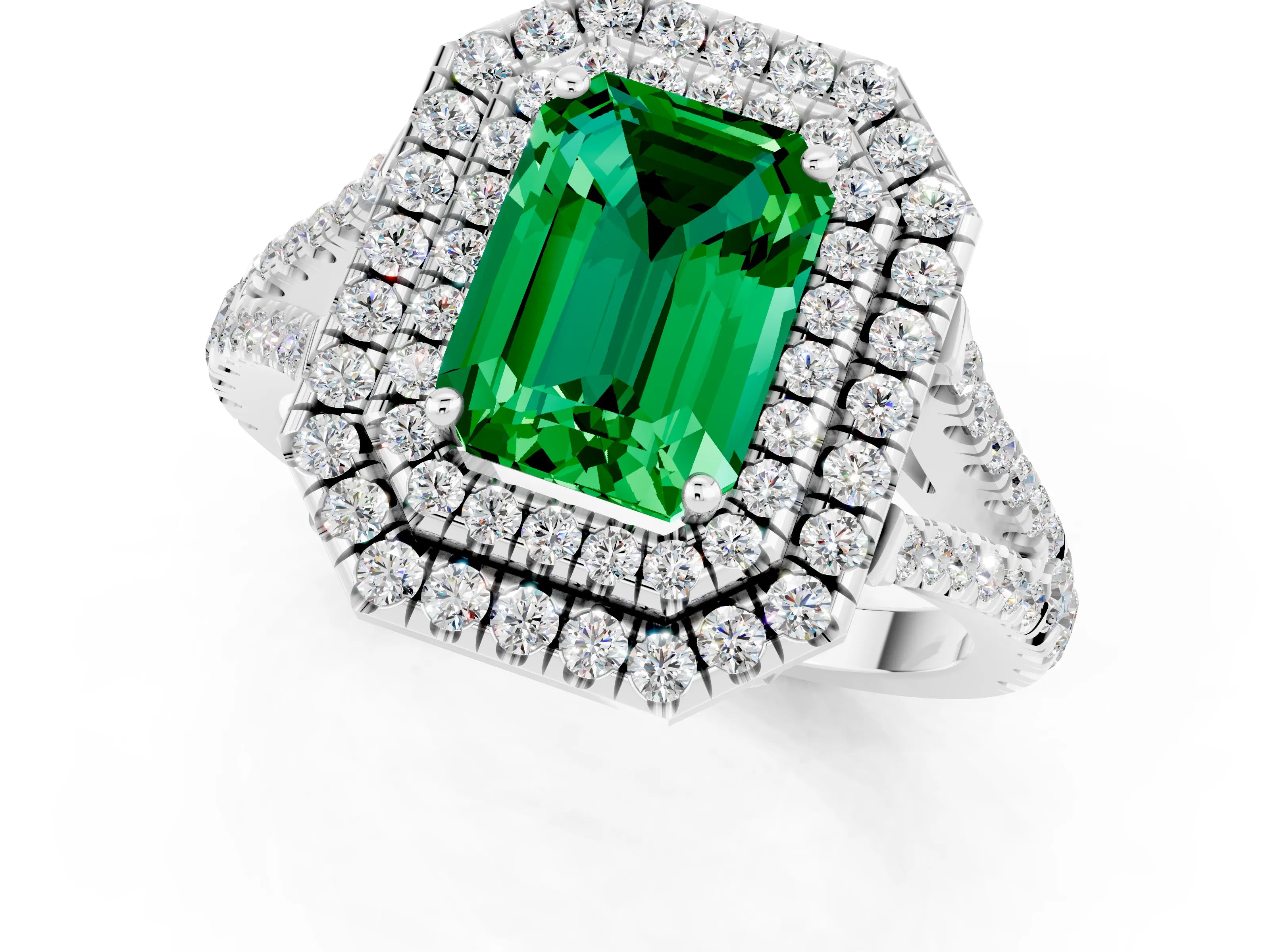 White gold Emerald Cut Emerald Double Halo Ring with Pavé Band and Prong Setting_13