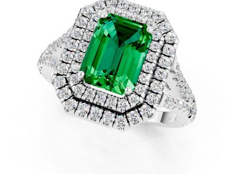 White gold Emerald Cut Emerald Double Halo Ring with Pavé Band and Prong Setting_13